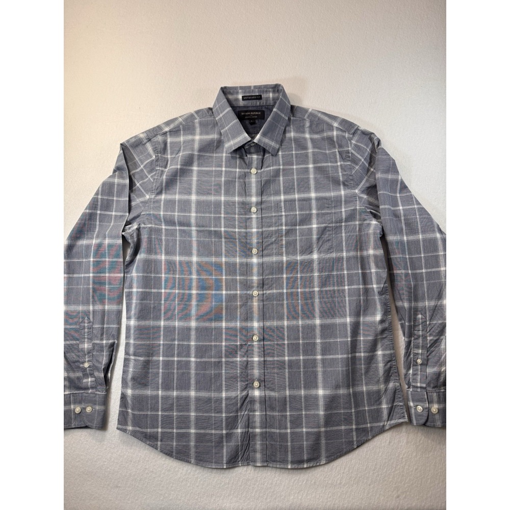 Banana Republic Untucked Fit Mens Long Sleeve Shirt L Gray Plaid Organic Cotton